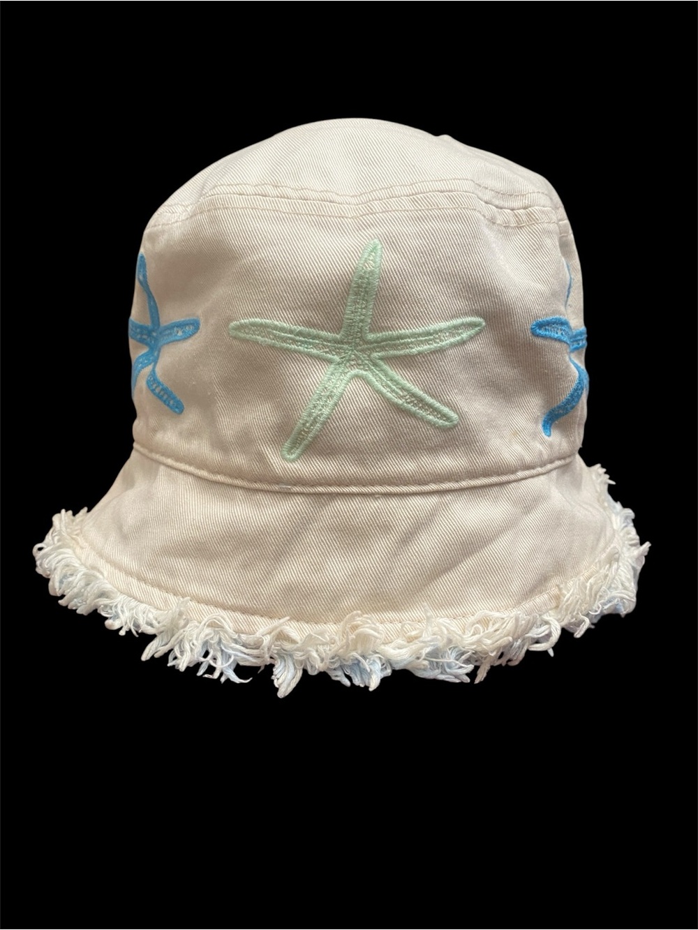 REI Cream Bucket Hat with Blue and Mint Starfish Embroidery